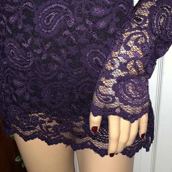 Vintage 90s royal purple stretch lace velvet ribbon square neck tunic top L - Picture 8 of 16